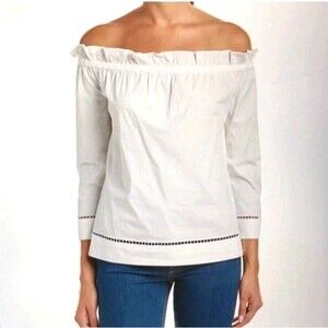 Trina Turk White Off-the-Shoulder 3/4 Sleeve Poplin Blouse Cut-Out Cotton Size S